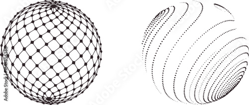 Black and white geometric wireframe sphere and parametric curve patterns