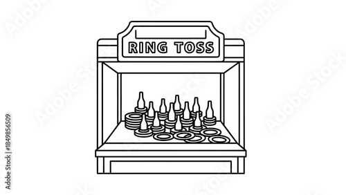 A black and white line art illustration of a classic carnival ring toss game booth with bottles and plates set up as targets.