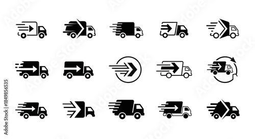 Collection of transport truck icons representing express shipping and speedy delivery for various