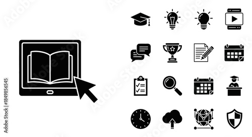 Online education concept represented through digital device and learning symbol icons