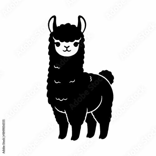 Cute black llama or alpaca standing illustration.