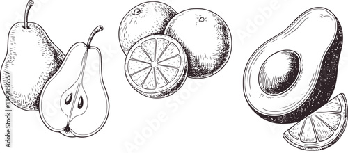 Black and white line of halved pear orange and avocado