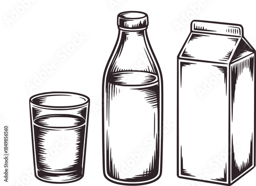 Black and white line of glass milk bottle carton and drinkware