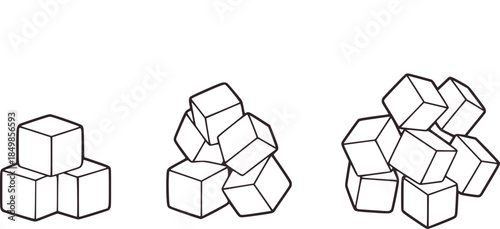 Black and white line of stacked geometric ice cubes in three arrangements