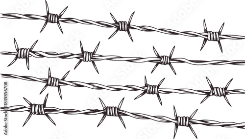Black and white of twisted barbed wire strands with sharp barbs