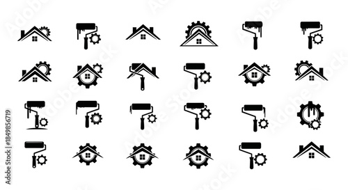 Collection of creative home construction and painting icons suitable for use as logo designs