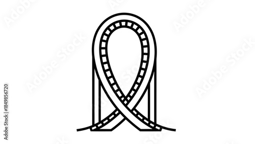 A minimalist line art drawing of a roller coaster loop with tracks and supports.