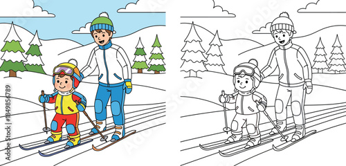Father and Son Skiing Together - Winter Family Fun Coloring Page
