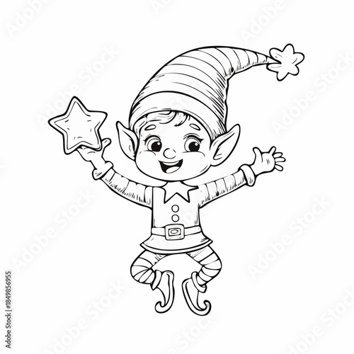 Cheerful Elf with Star: A charming cartoon elf, full of holiday spirit, joyfully leaps, clutching a star, its whimsical attire and playful expression bringing cheer to the season.