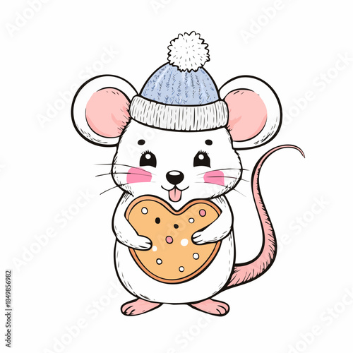 Whimsical Mouse with Cookie: A charming illustration depicts an adorable mouse, adorned in a cozy beanie, joyfully clutching a heart-shaped cookie.