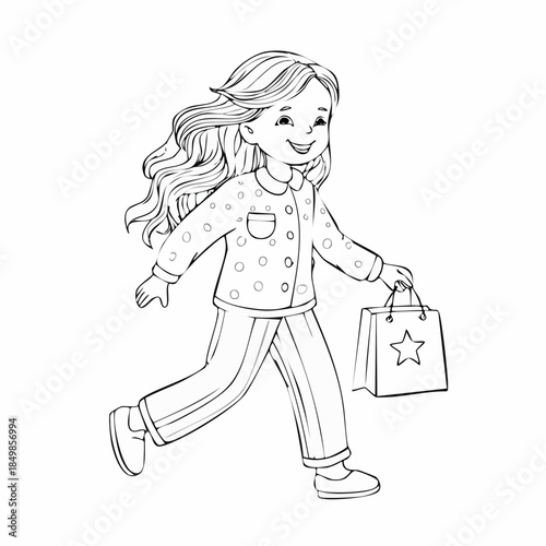 Cheerful Shopper: A young girl, depicted with simple lines, strides forward with a cheerful expression, clutching a shopping bag, indicating excitement and anticipation for the day's purchase.