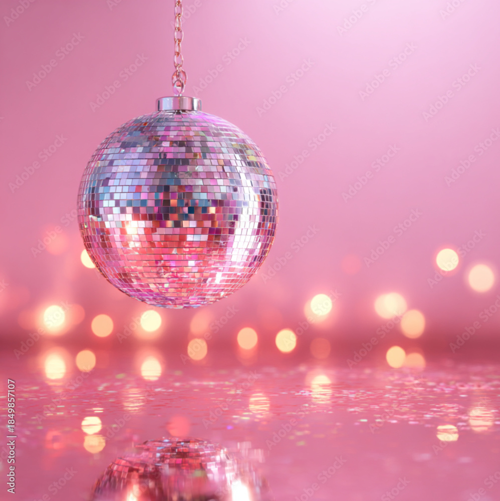 Obraz premium A dreamy pastel disco scene a disco ball hanging from the ceiling, bathed in soft pink and blush lighting. Shallow depth of field with one disco ball in sharp focus, and a solid pink background