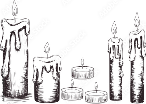 Hand drawn black and white dripping wax candles and tea lights