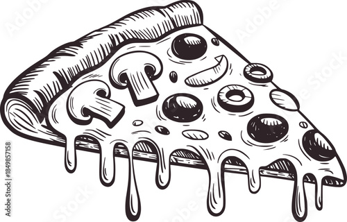 Handdrawn black and white dripping cheese pizza slice