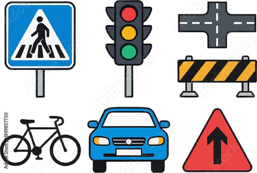 Collection of traffic symbols and objects related to road safety and transportation