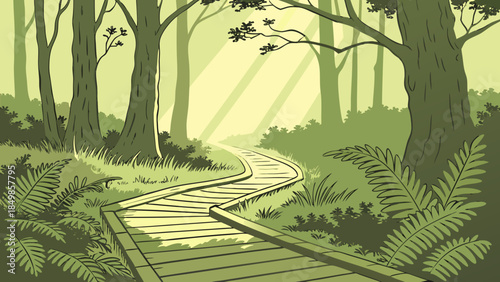 serene forest path winding through tall trees with green ferns and soft sunlight filtering through canopy