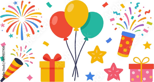Colorful Collection of Festive Celebration Elements with Balloons, Gifts, and Fireworks for Parties and Events