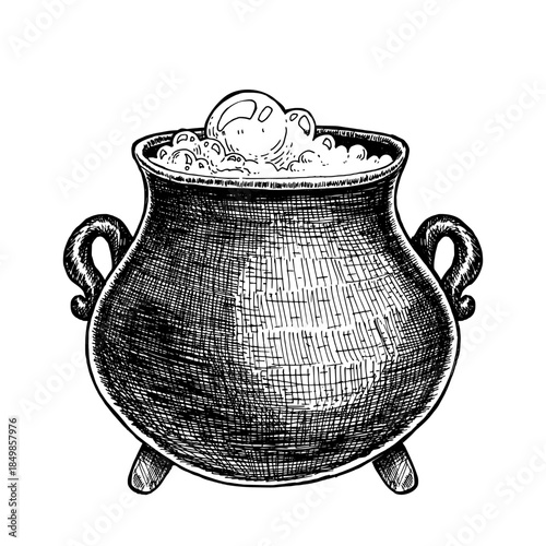 Cauldron with bubbling potion vetor illustation. Hand drawn sketch doodle isolated on white background. Witch caldron holiday engraving style ink drawing. Vintage witchcraft magical brew for Halloween