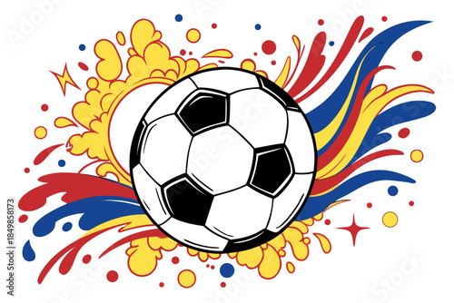 soccer ball with explosive rainbow colored paint splashes and dynamic burst effects on white background