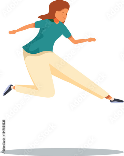 Energetic young woman jumping and running in the air, conveying a sense of freedom, dynamism, and athleticism
