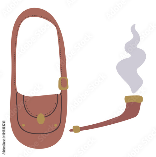 Set of fairytale traveler: magician, gnome. Hiking bag, pipe with smoke. Vector elements for illustration.