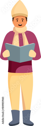 Young choir singer is holding a songbook and singing christmas carols, wearing winter clothes