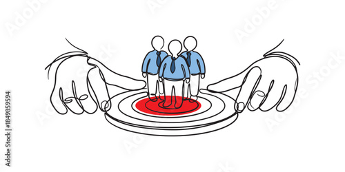Illustrator vector single continuous line drawing of giant hands positioning a target with a business team standing on the center. Minimalist sketch concept for target audience, recruitment selection