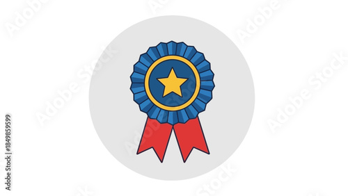 A blue and red award ribbon with a star in the center on a gray background