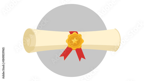 A digitally illustrated scroll with a golden seal on a gray circular background