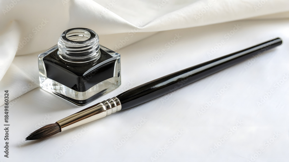 Naklejka premium A Fine Art Brush and Ink Well Placed on a White Surface