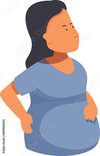 Pregnant woman holding her belly and looking up with a serious expression, side view