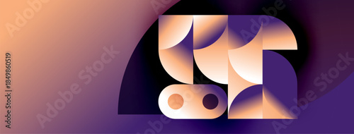 Abstract geometric composition. Gradient colors blend, creating modern visual impact. Shapes overlap, forming intriguing design.