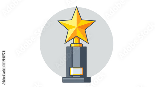 A golden star trophy on a gray pedestal is viewed directly from the front against a white background