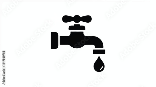 A minimalist black and white icon design of a water faucet with a single drop of water.  