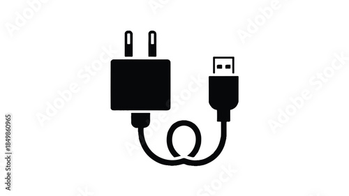 A minimalist black and white icon illustration of a phone charger 