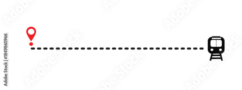 Vector illustration of a train route with dotted lines and location markers. Travel navigation, transportation, road map, winding, straight with flat design.