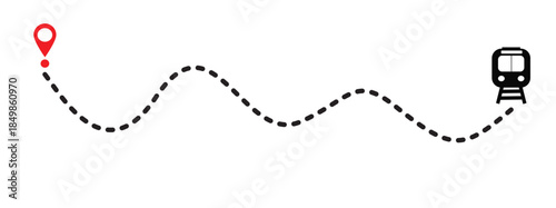 Vector illustration of a train route with dotted lines and location markers. Travel navigation, transportation, road map, winding, straight with flat design.