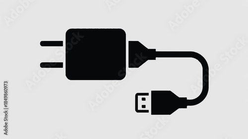 A minimalist black and white icon illustration of a wall charger adapter.