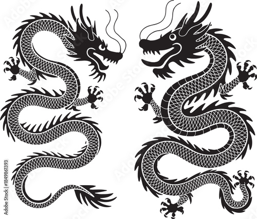 Two chinese dragons facing each other black and white vector art