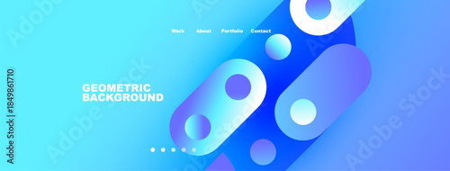 Abstract geometric background features vibrant blue hues, circular shapes, navigation menu. Modern design suitable for website header.
