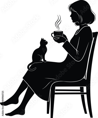 Woman enjoying coffee with cat isolated on white background, Vector, illustration