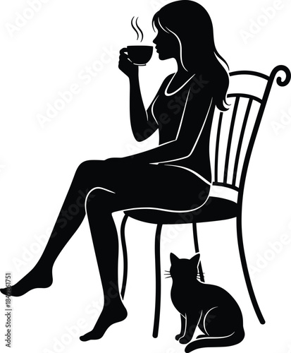 Woman enjoying coffee with cat isolated on white background, Vector, illustration