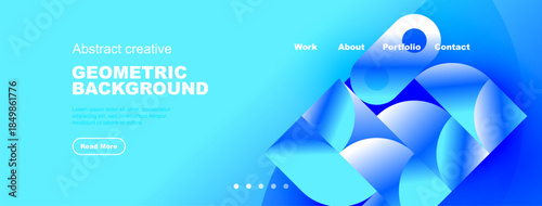 Bright blue abstract design. Geometric shapes create dynamic visual effect. Website header with navigation options present.