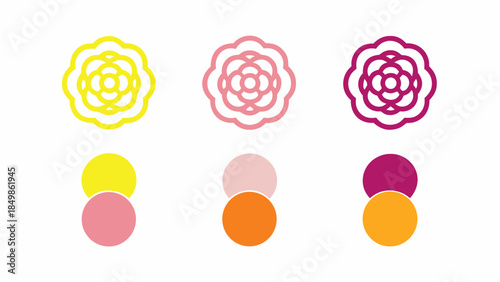 Minimalist flower icons in yellow pink and magenta with matching color palettes below on a white background