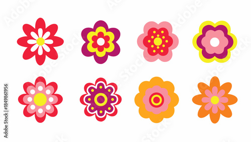 Collection of colorful retro flower icons in a flat vector style for spring and summer designs