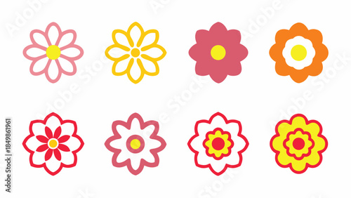 A collection of simple colorful flower icons in a flat design style for spring and retro themed projects