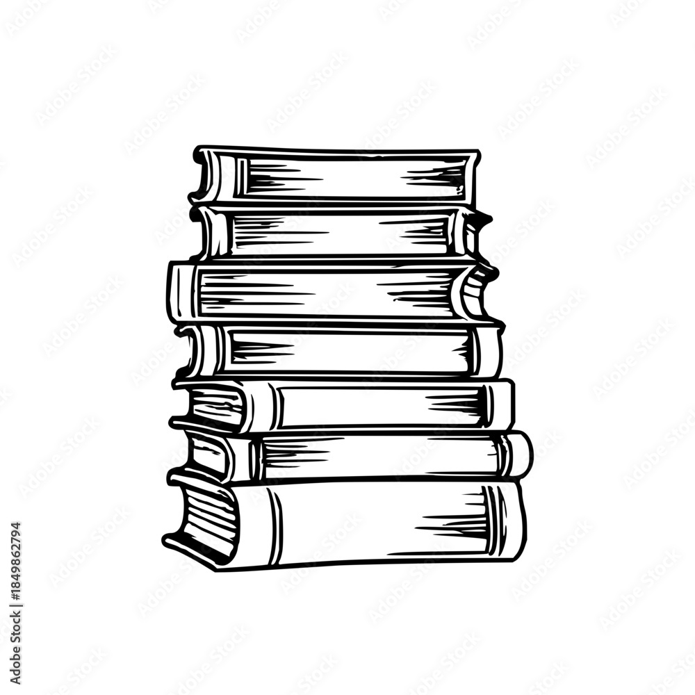 Fototapeta premium Stack of six hardcover books in black-and-white line art (hand-drawn vector illustration)