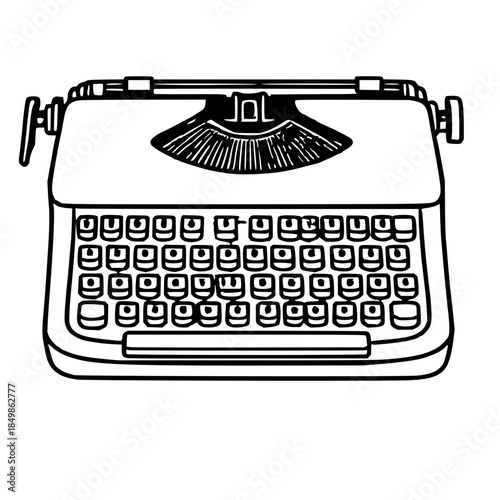 Line art vector illustration of a vintage typewriter (black and white, minimalist icon)