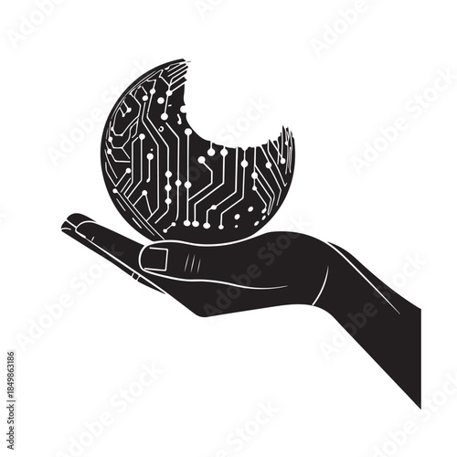 Hand holding circuit board moon symbolizing tech innovation