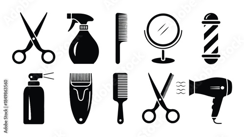 A set of black and white minimalist icons of barbershop and hairdressing tools arranged in two rows.
